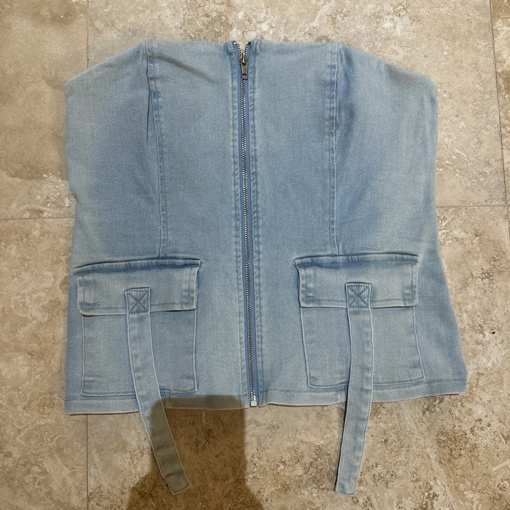 Haute Monde Light Blue Denim Strapless Top